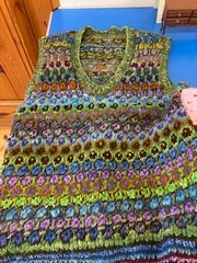 Beautiful and very intricate vest made by Chris Morris, using wool that she dyed and spun herself