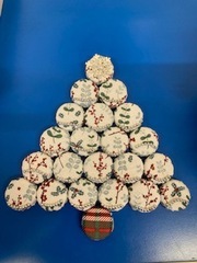 Caroline’s Christmas tree made from milk bottle tops