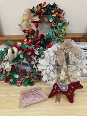 Rag wreaths, bags and felt animal made by Gail