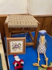 Old stool re-corded, dried flower picture, Christmas decoration and fabric bird made by Rosemary 