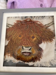 Realistic looking Highland bull embroidered by Dexi