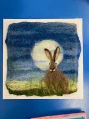 Needle felted picture made by Sheila M of a Hare