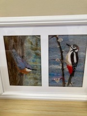 Very realistic nuthatch and male spotted woodpecker needle felted by Sheila M