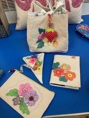 Fabulous collection of accessories and Japanese styled bag made by Barbara and decorated by hand using fabric paint and Sashiko detail.