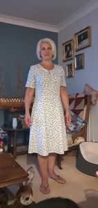 Julie H modelling a beautiful dress she has just made.