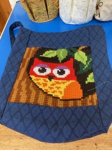 A cross stitch block made into a very useful bag by Pat