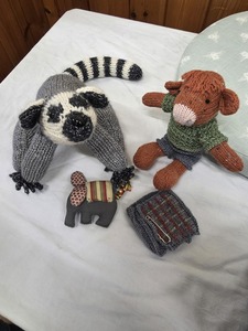 Kate - created the toys for her granddaughters, the highland cow had shorts as well as a kilt. The elephant tape measure is a project item finally finished.