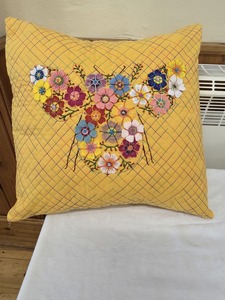 Julie - machine quilted cushion with felted flowers
